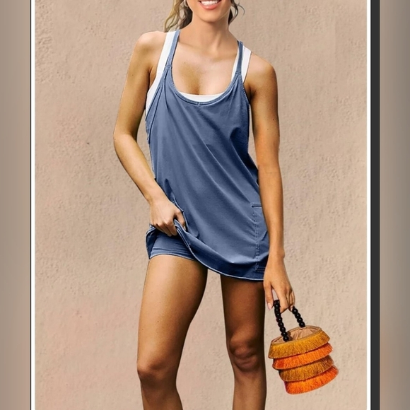 Grey Women's Athletic Romper Dress With Pockets And Built In Shorts And Bra - Picture 2 of 4